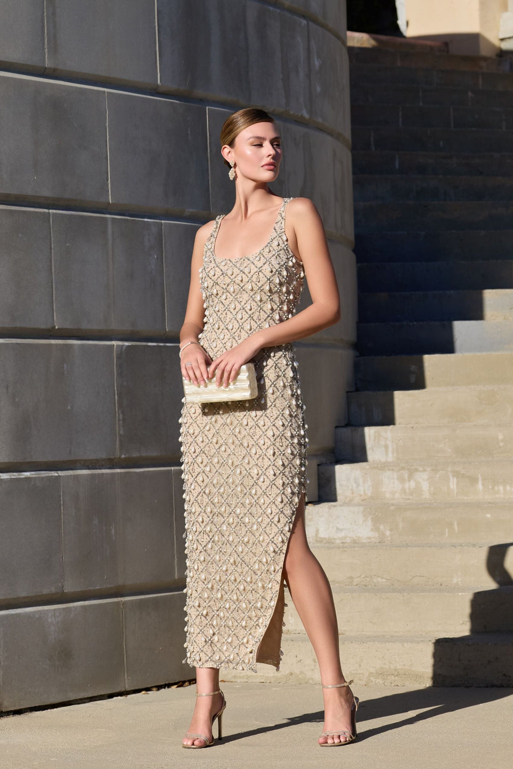 Beige Pearl Embellished Scoop Neck Midi Dress - Designer Collection