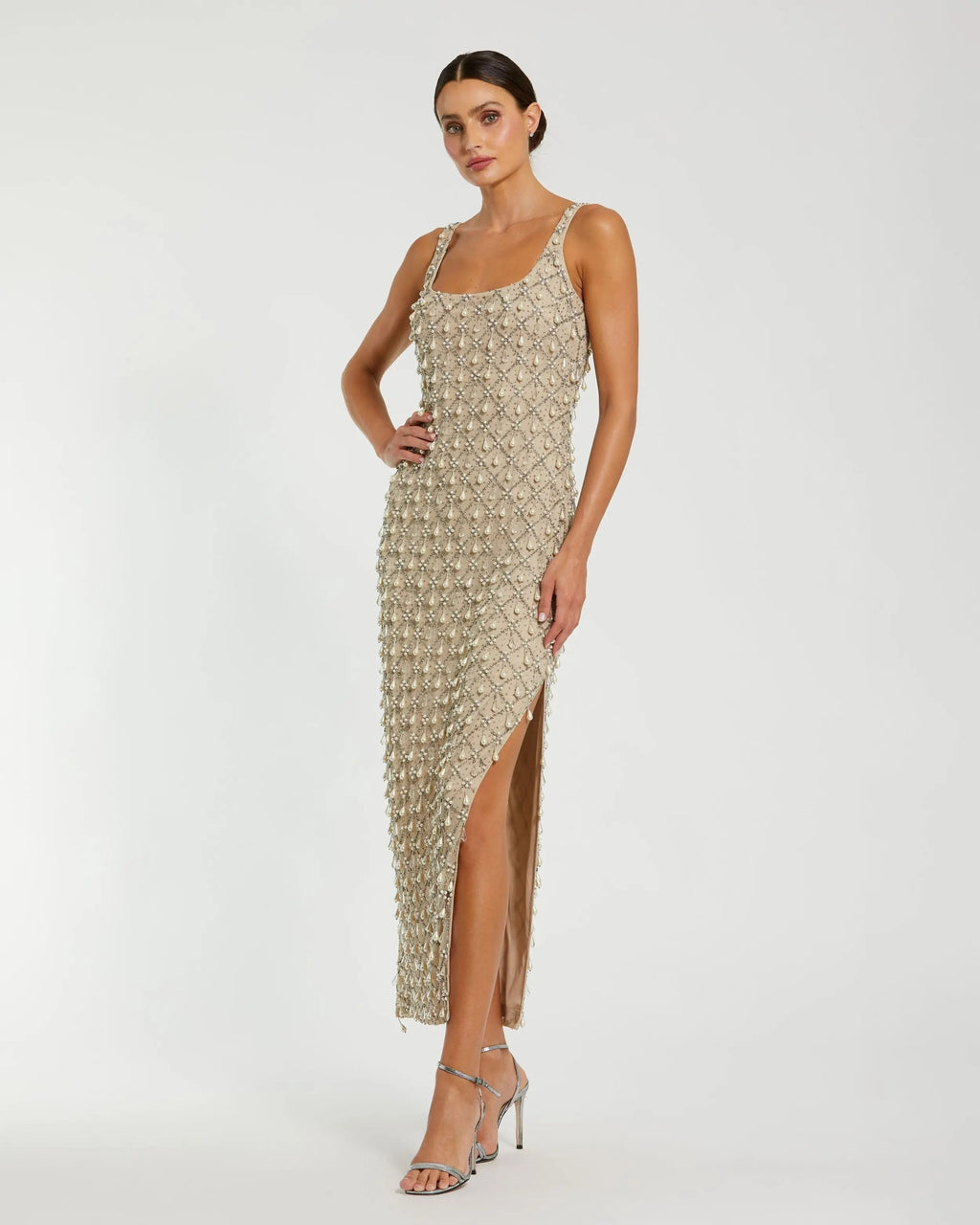 Beige Pearl Embellished Scoop Neck Midi Dress - Designer Collection