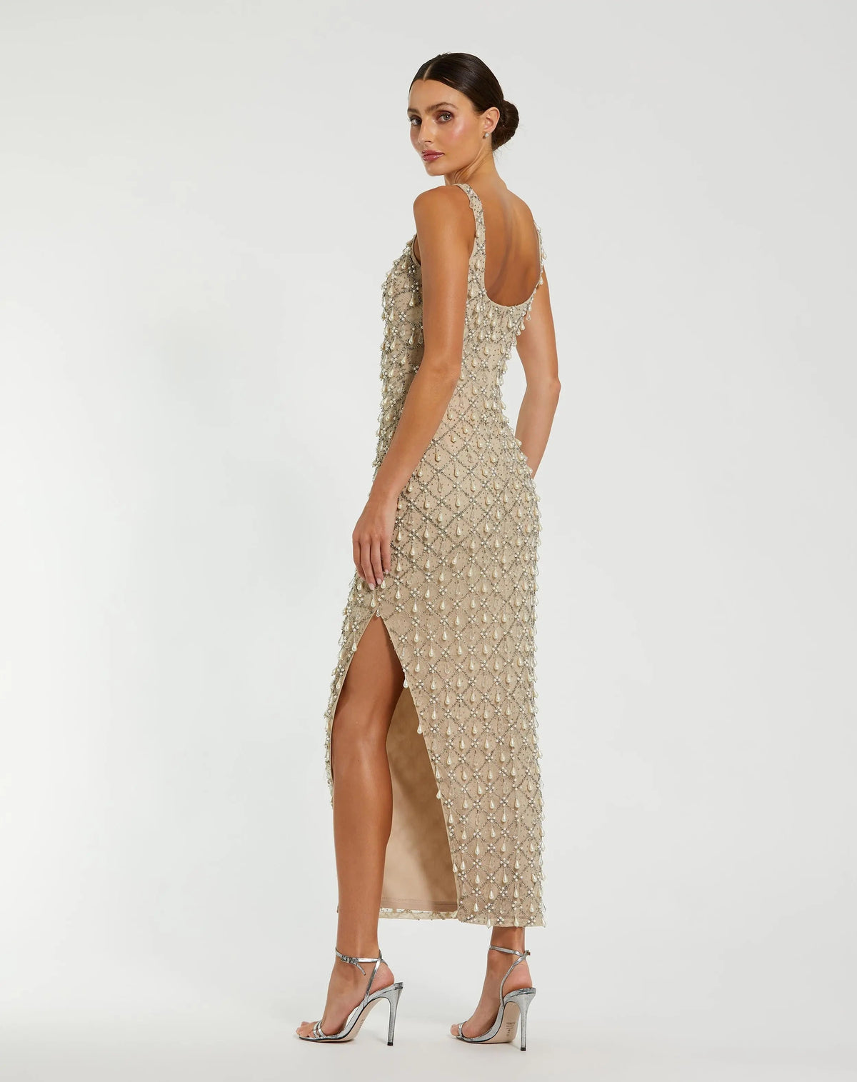 Beige Pearl Embellished Scoop Neck Midi Dress - Designer Collection