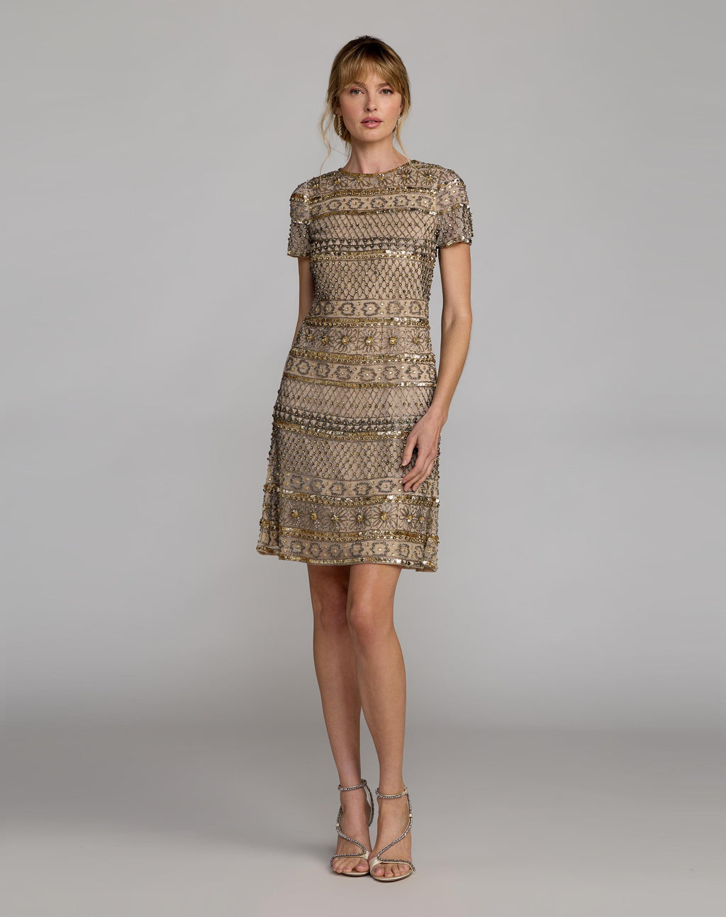 Gold Short Sleeve Embellished Mini Dress - Designer Collection