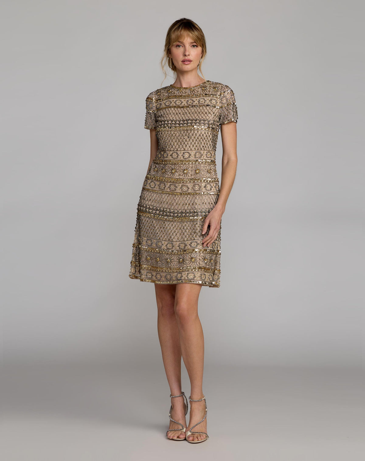 Gold Short Sleeve Embellished Mini Dress - Designer Collection