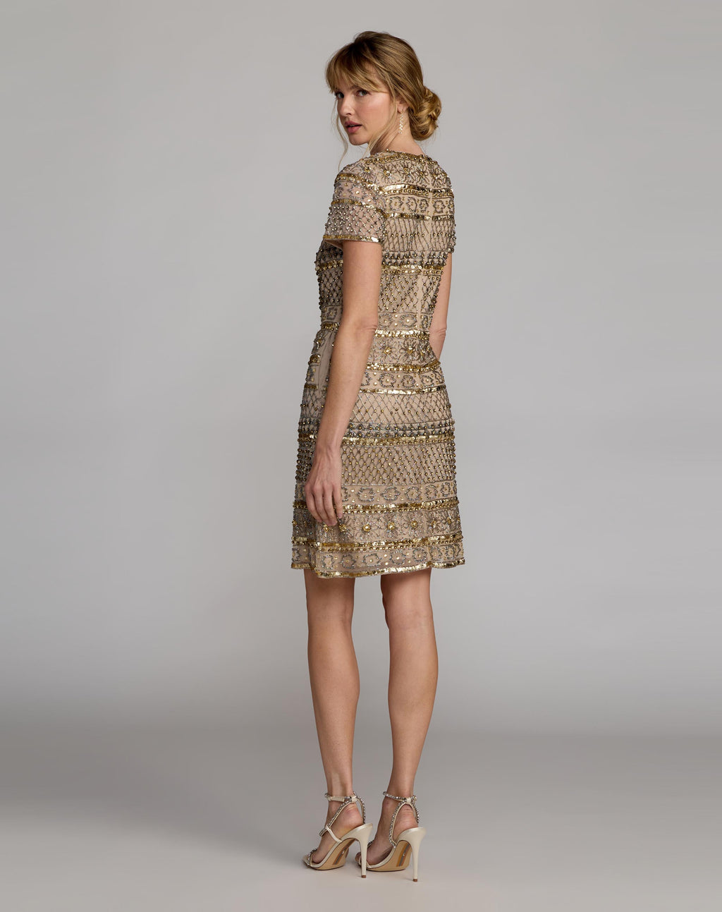 Gold Short Sleeve Embellished Mini Dress - Designer Collection
