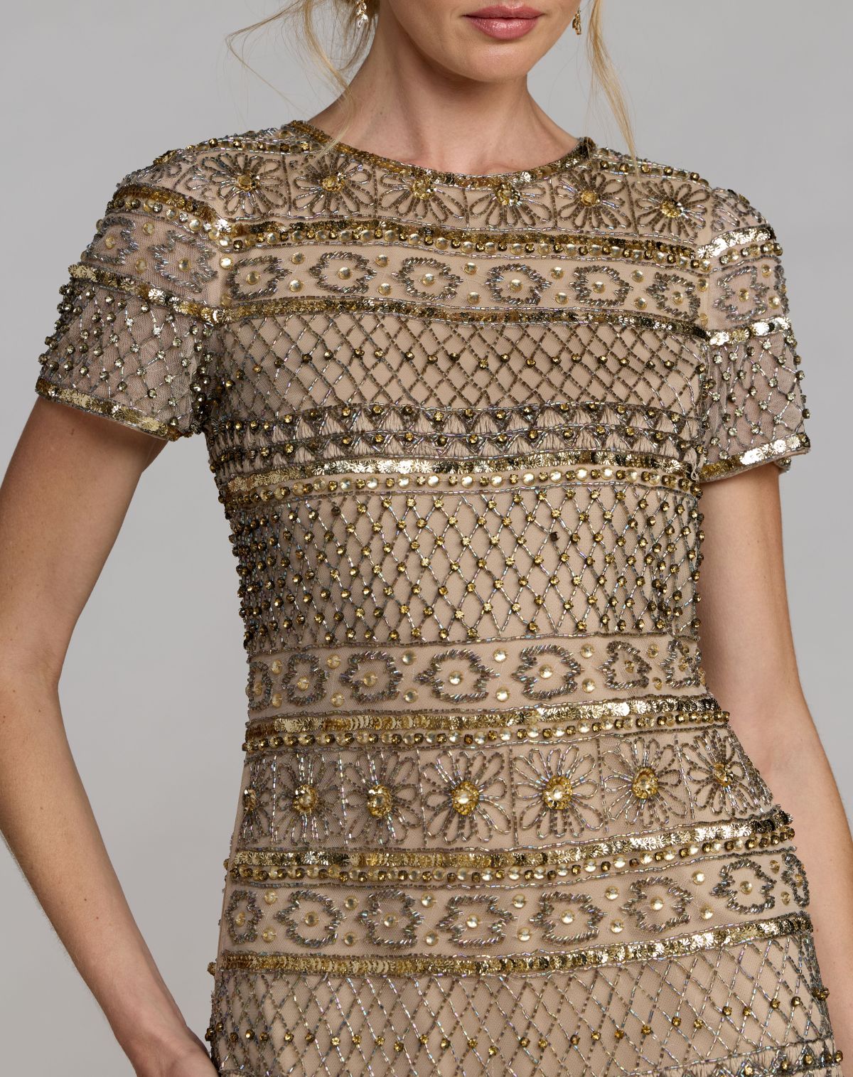 Gold Short Sleeve Embellished Mini Dress - Designer Collection