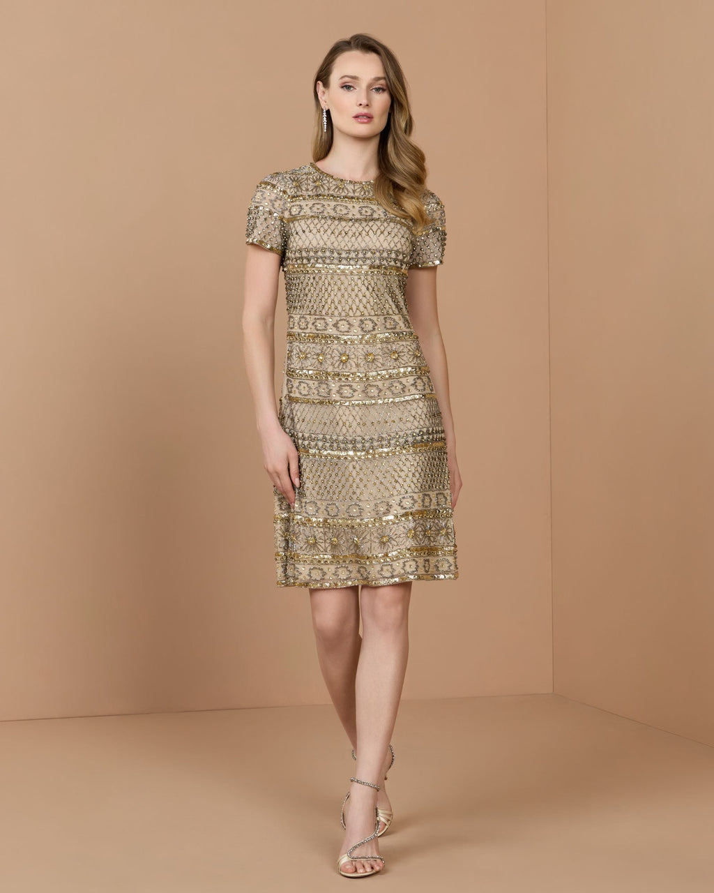 Gold Short Sleeve Embellished Mini Dress - Designer Collection