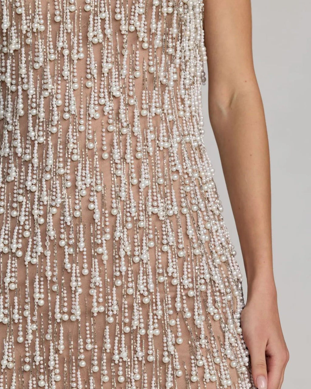 Beige Pearl Fringe Mini Dress Designer Collection