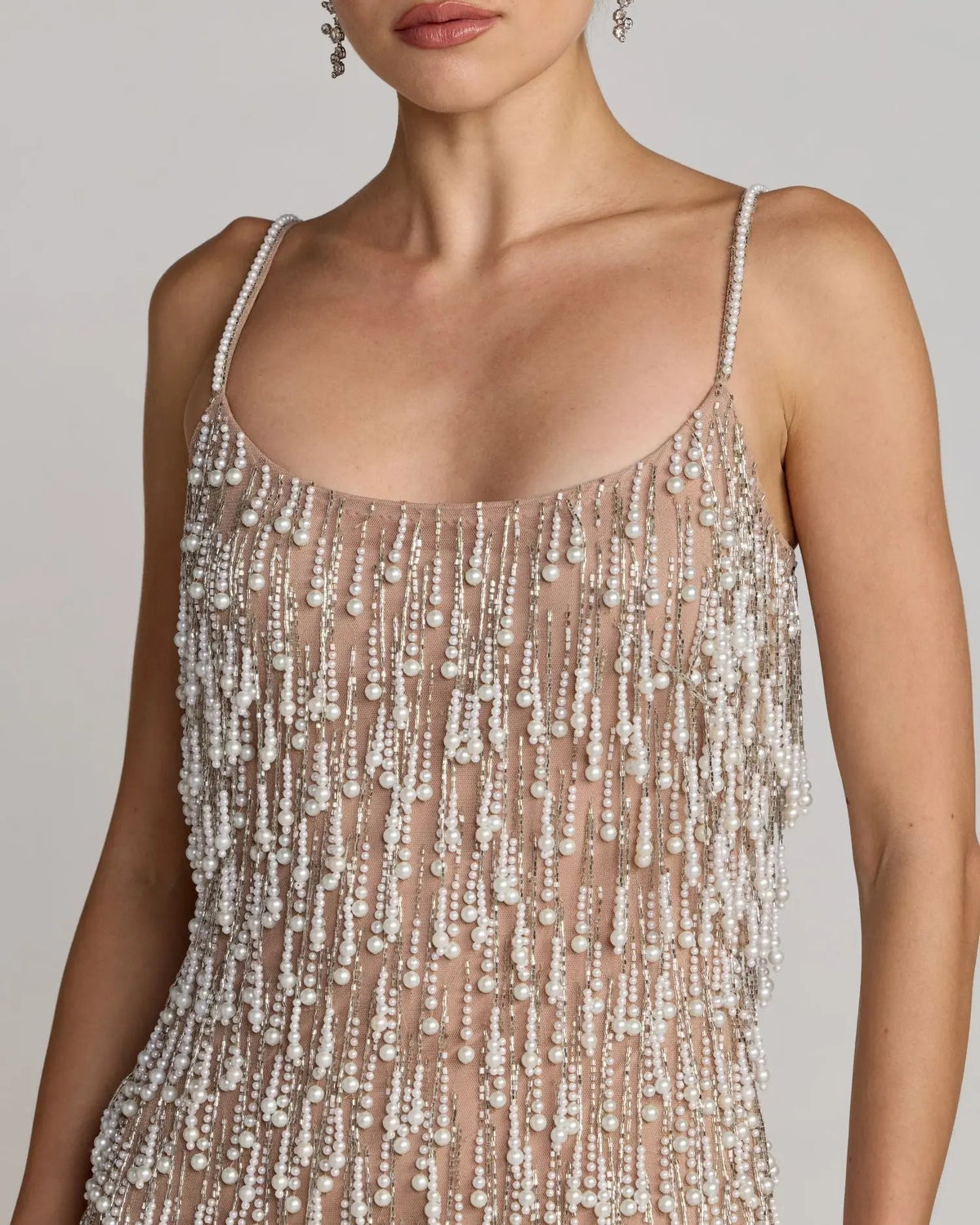 Beige Pearl Fringe Mini Dress Designer Collection