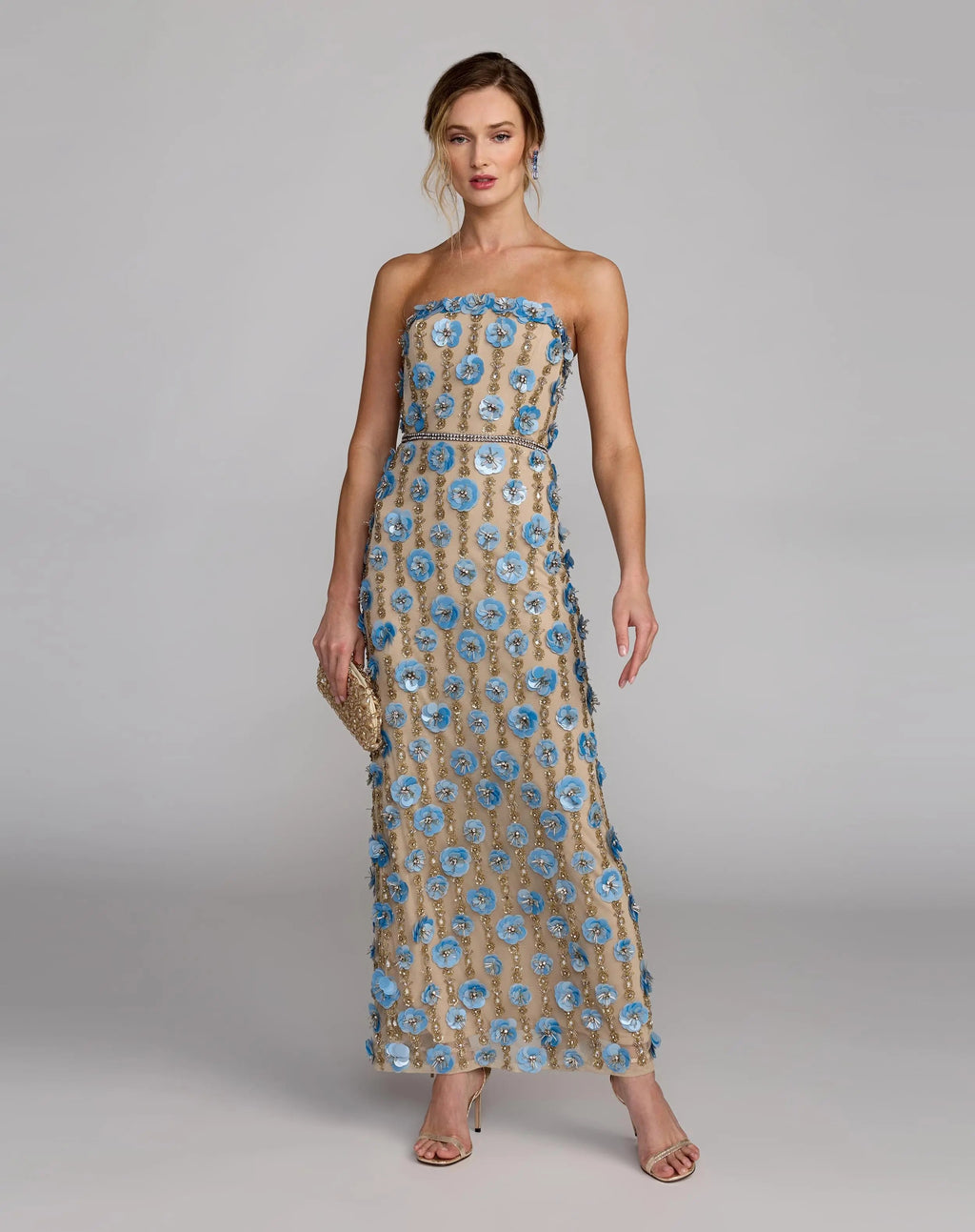 Beige Beaded Sequin Strapless Midi Dress Designer Collection