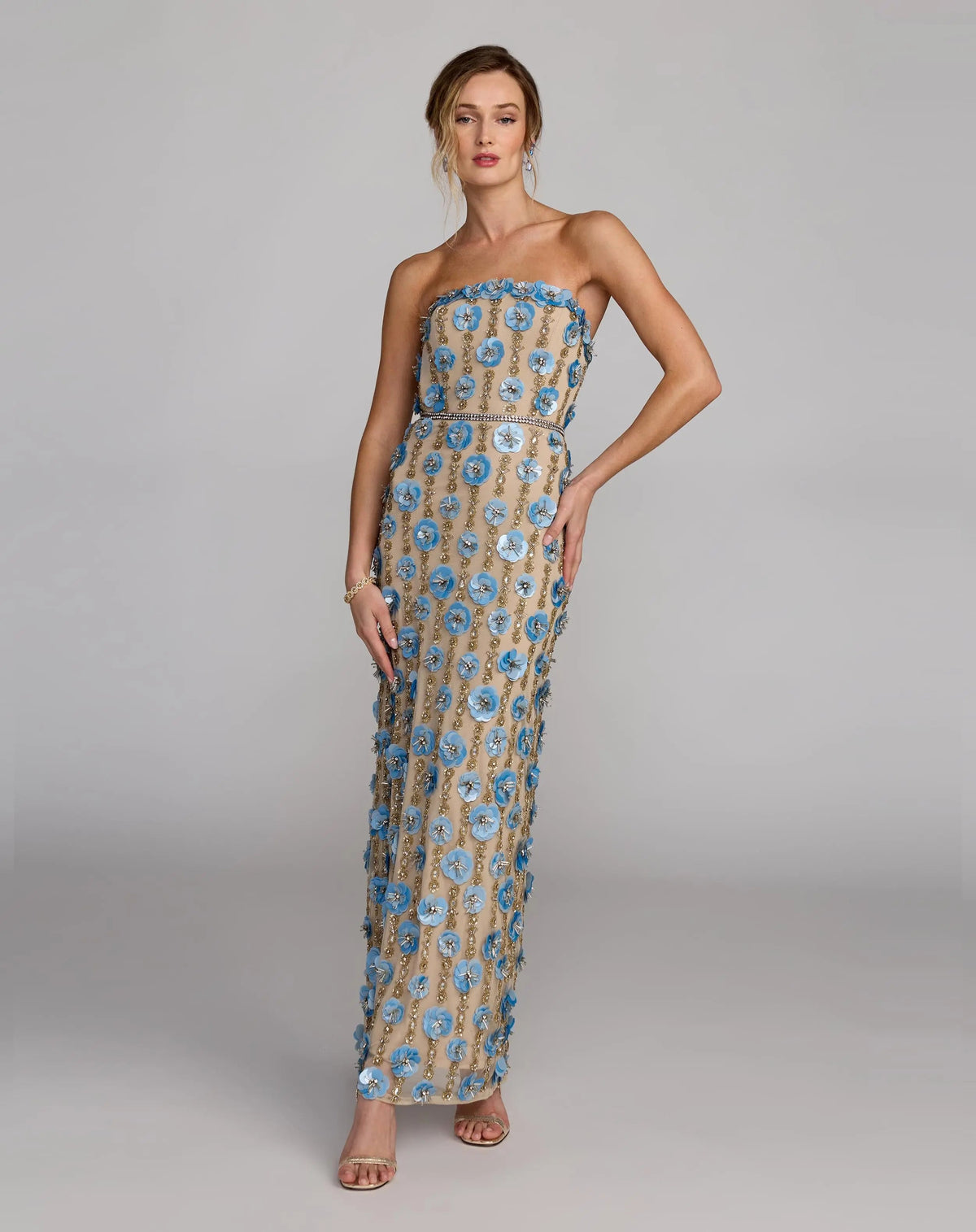 Beige Beaded Sequin Strapless Midi Dress Designer Collection