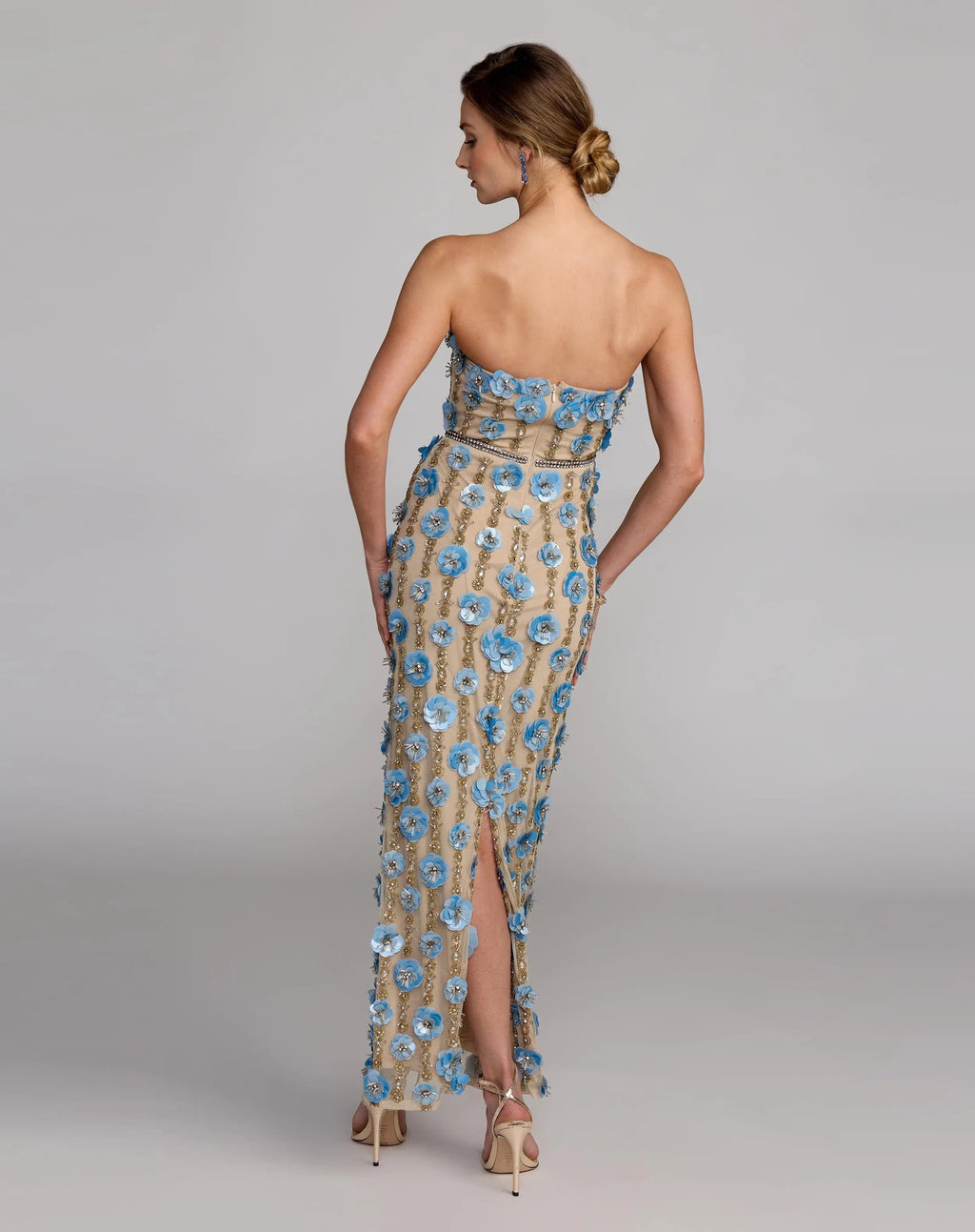 Beige Beaded Sequin Strapless Midi Dress Designer Collection
