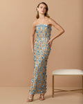 Beige Beaded Sequin Strapless Midi Dress Designer Collection