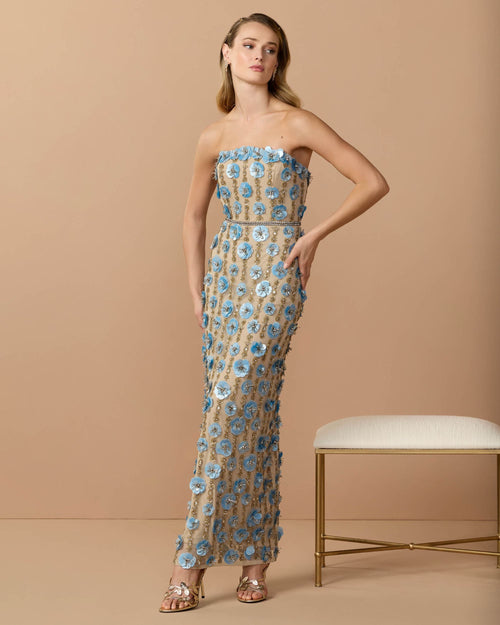 Beige Beaded Sequin Strapless Midi Dress Designer Collection