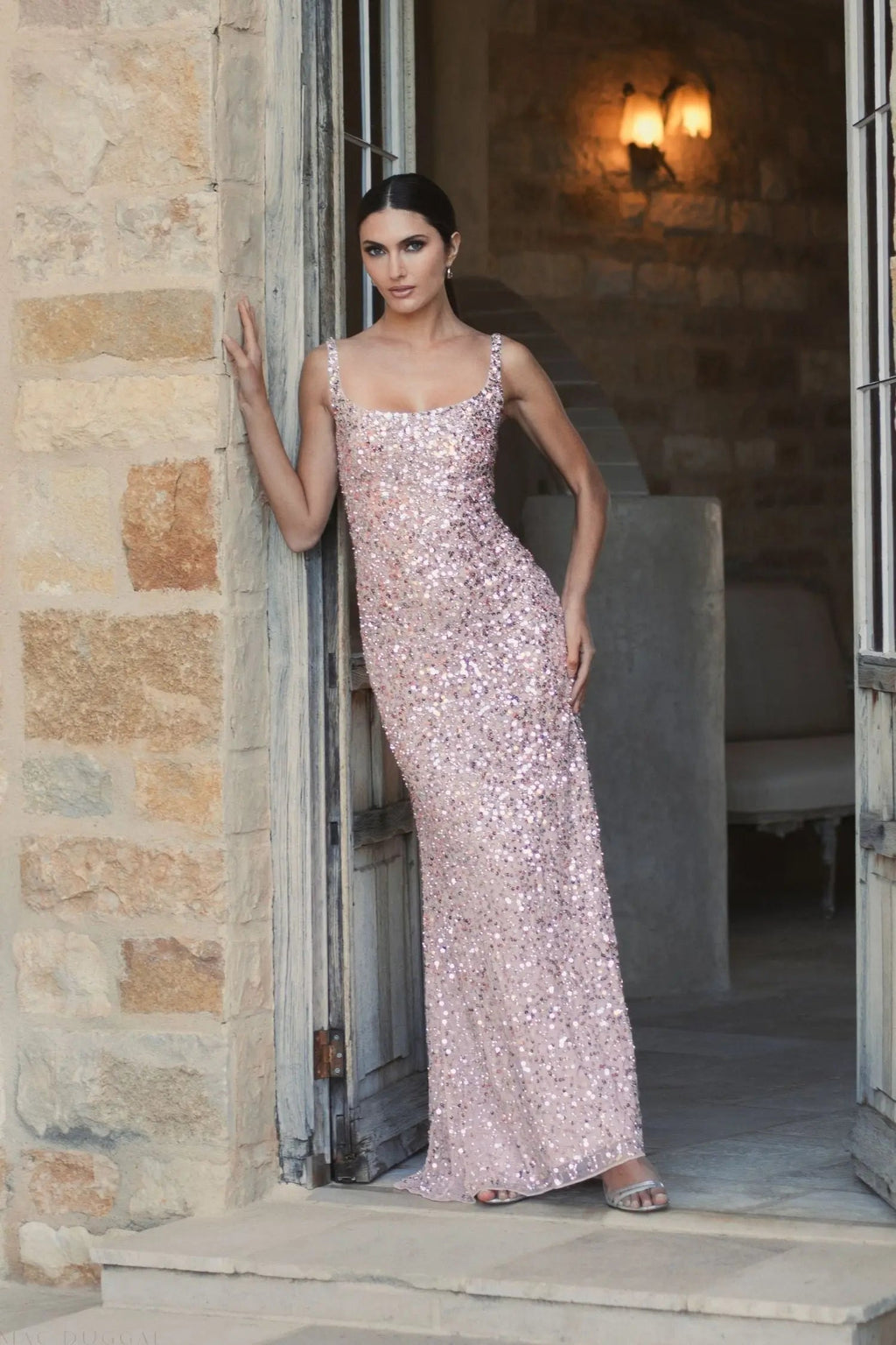 Pink Sequined Low Back Slip Gown - Designer Collection