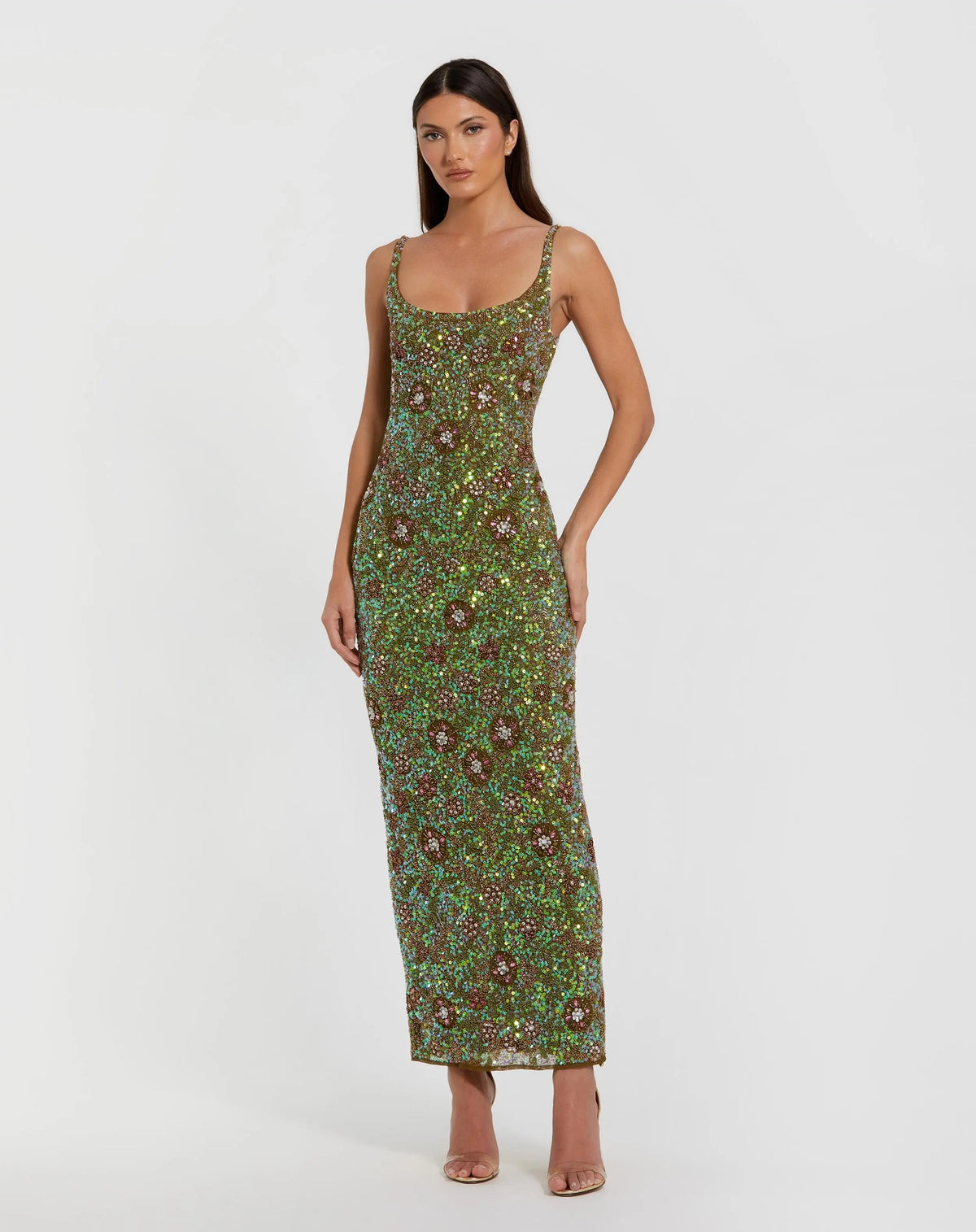 Green Sleeveless Hand Embellished Floral Maxi Dress - Designer Collection