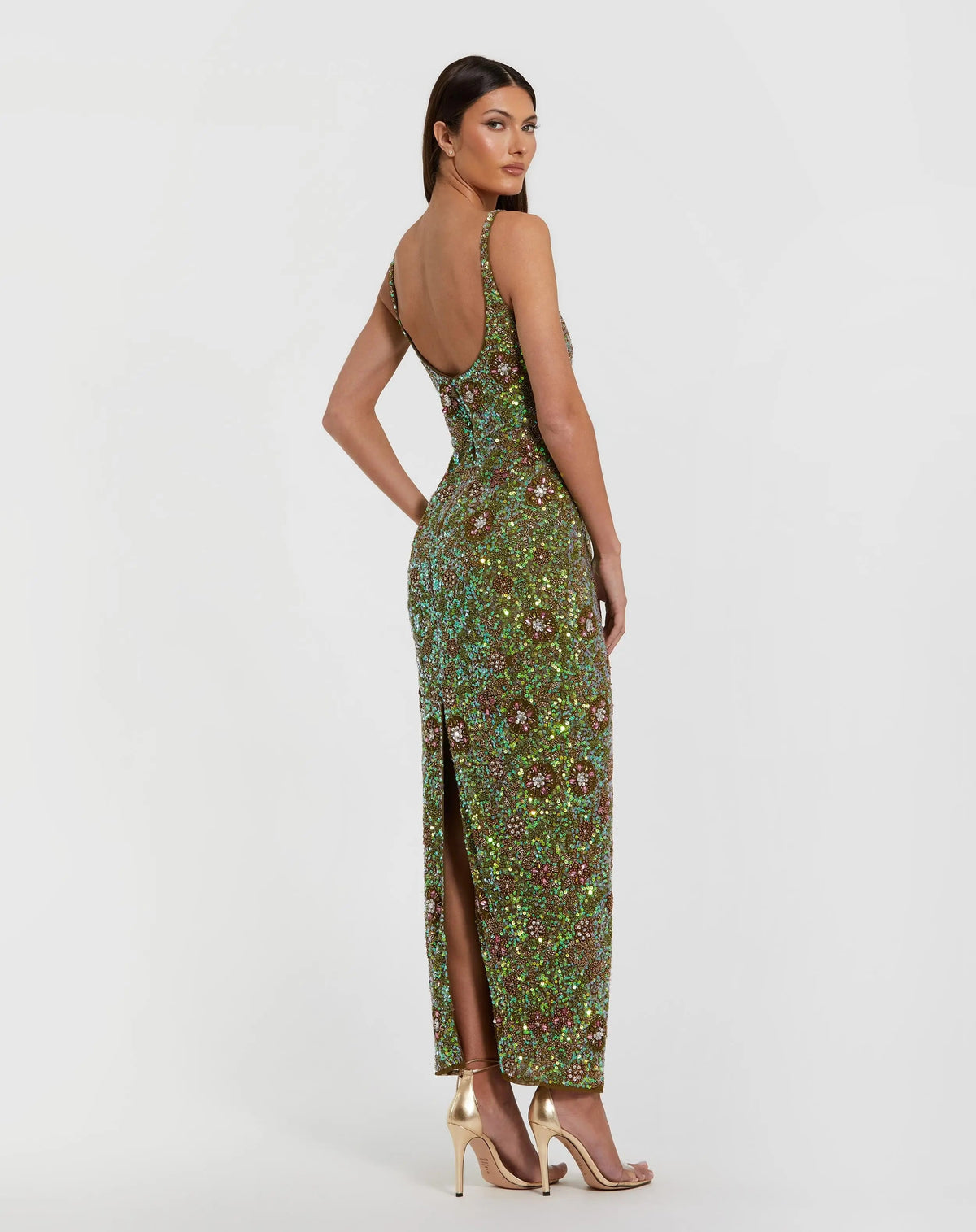 Green Sleeveless Hand Embellished Floral Maxi Dress - Designer Collection