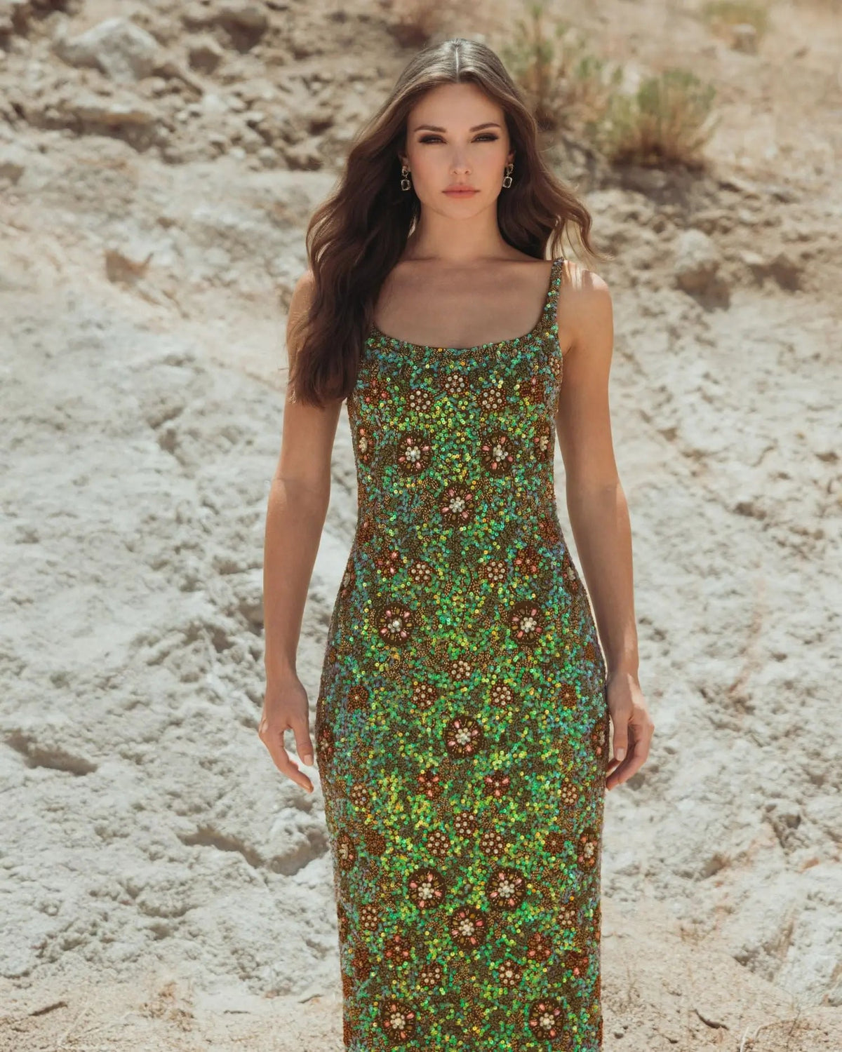 Green Sleeveless Hand Embellished Floral Maxi Dress - Designer Collection