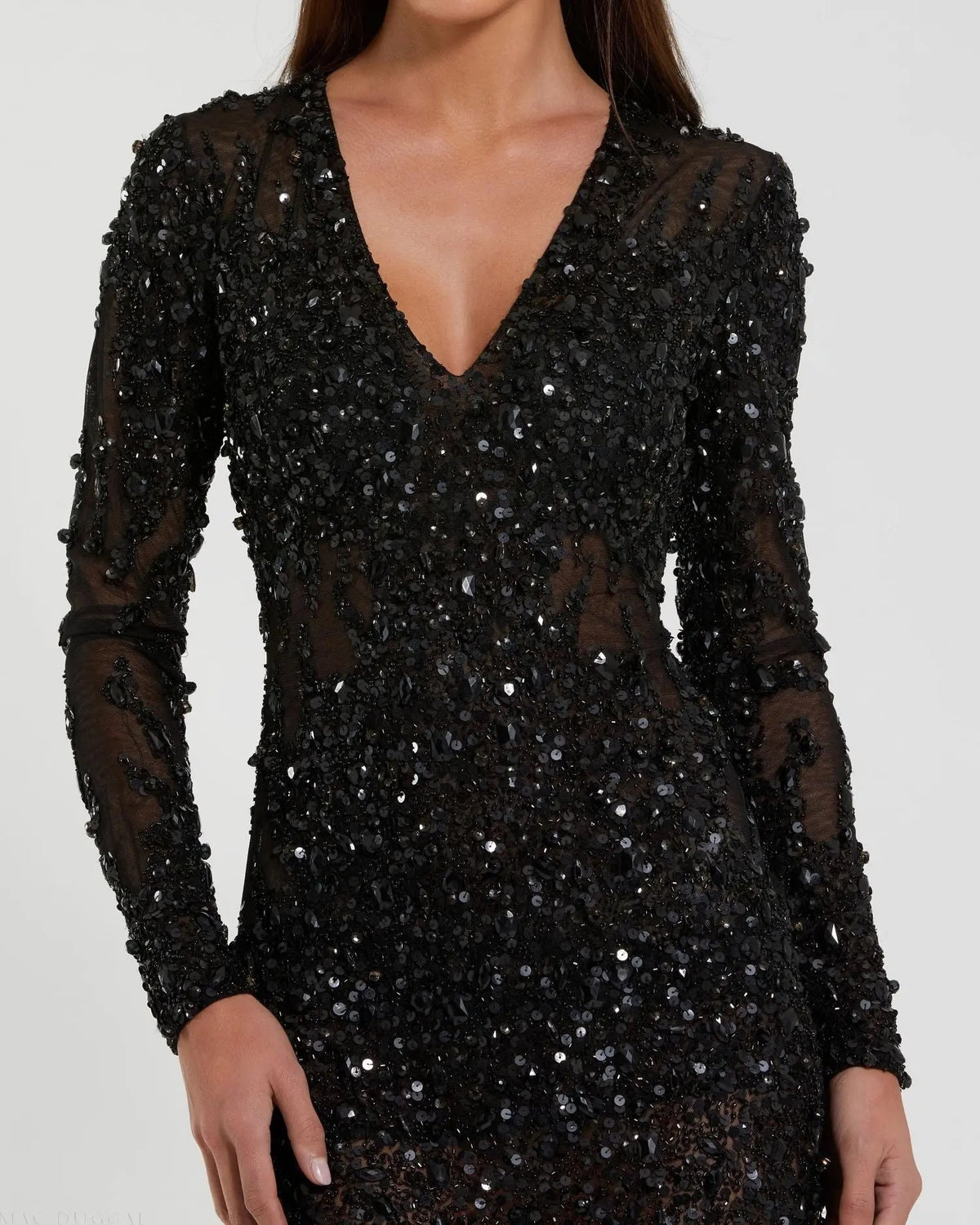 Long Sleeve Sheer Embellished Mini Dress - Designer Collection