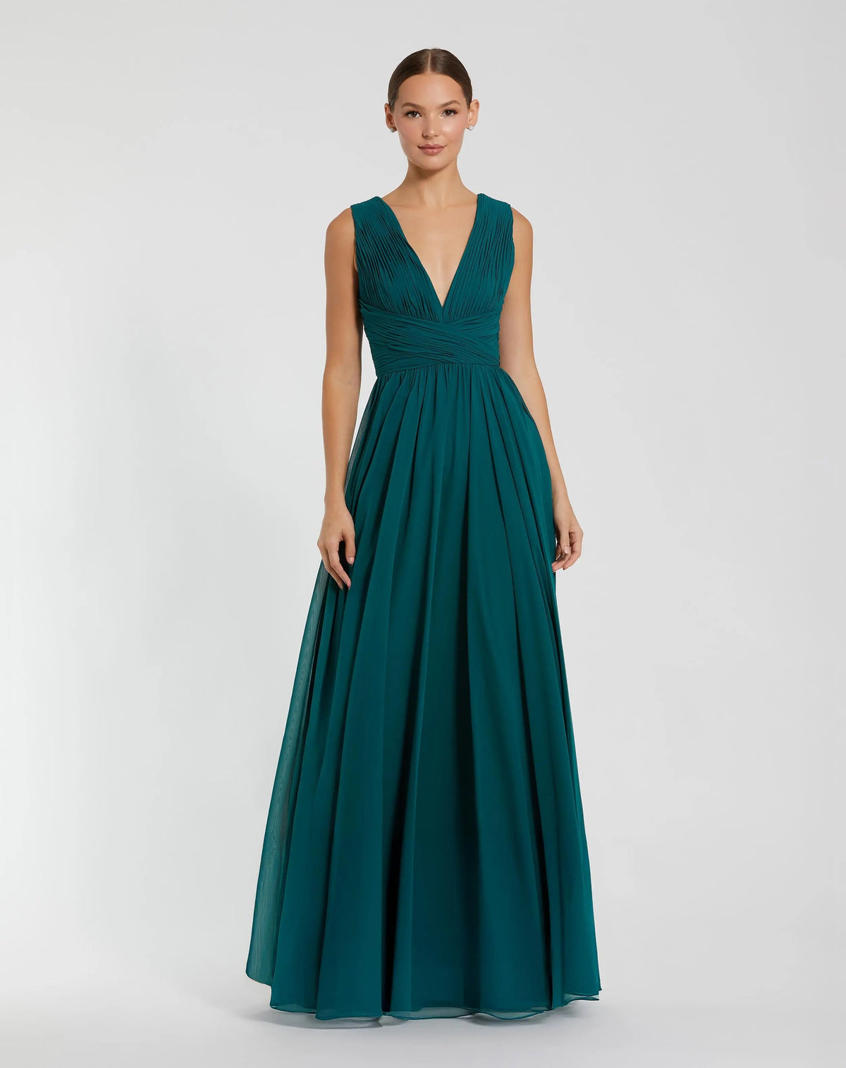 Teal Sleeveless Pleated V Neck Chiffon Gown - Contemporary Collection