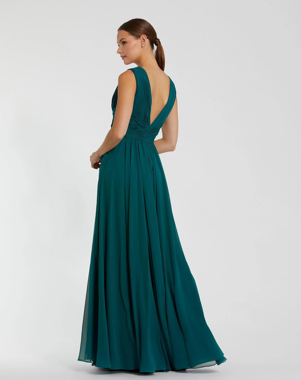 Teal Sleeveless Pleated V Neck Chiffon Gown - Contemporary Collection