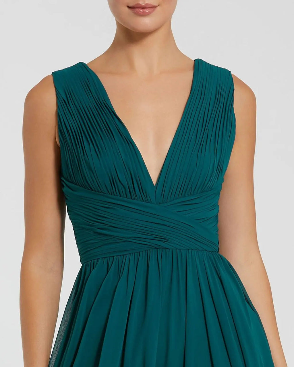 Teal Sleeveless Pleated V Neck Chiffon Gown - Contemporary Collection