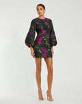 Black Floral Brocade Puff Sleeve Fitted Mini Dress - Designer Collection