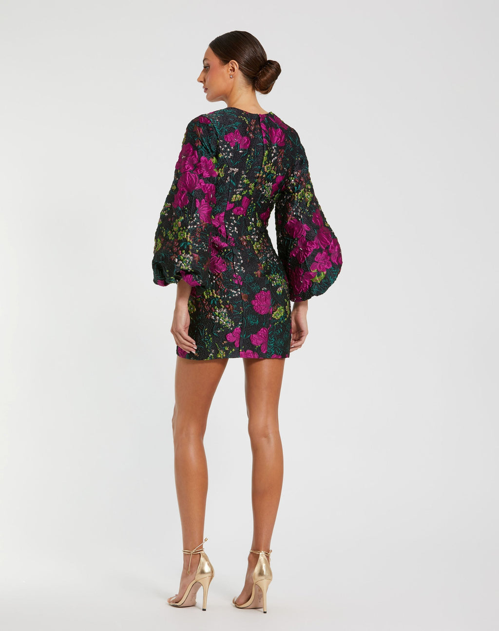 Black Floral Brocade Puff Sleeve Fitted Mini Dress - Designer Collection