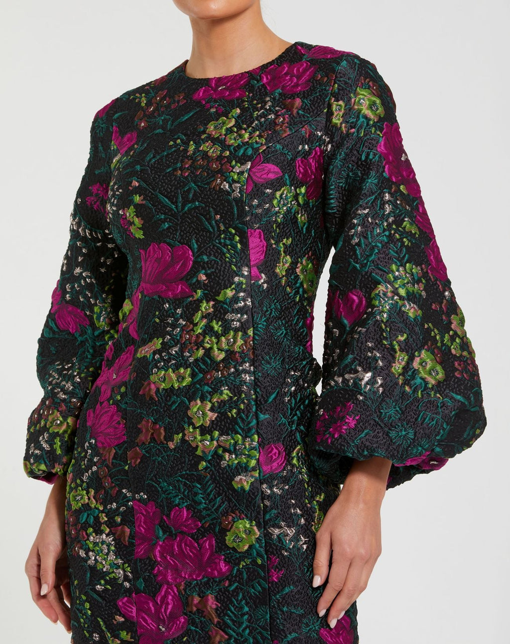 Black Floral Brocade Puff Sleeve Fitted Mini Dress - Designer Collection