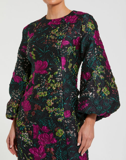 Black Floral Brocade Puff Sleeve Fitted Mini Dress - Designer Collection