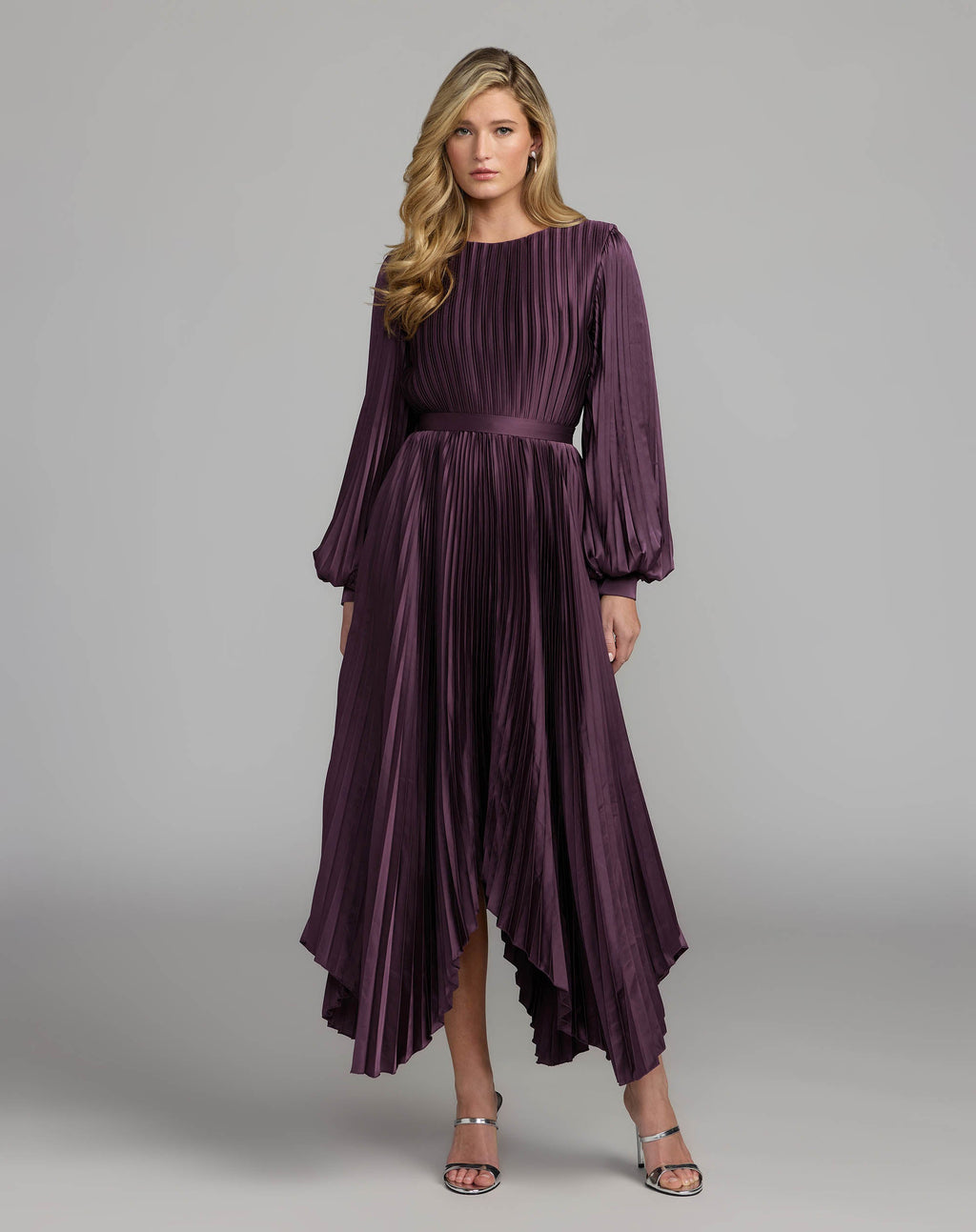 Purple Long Sleeve Pleated Charmeuse Handkerchief Dress - Contemporary Collection