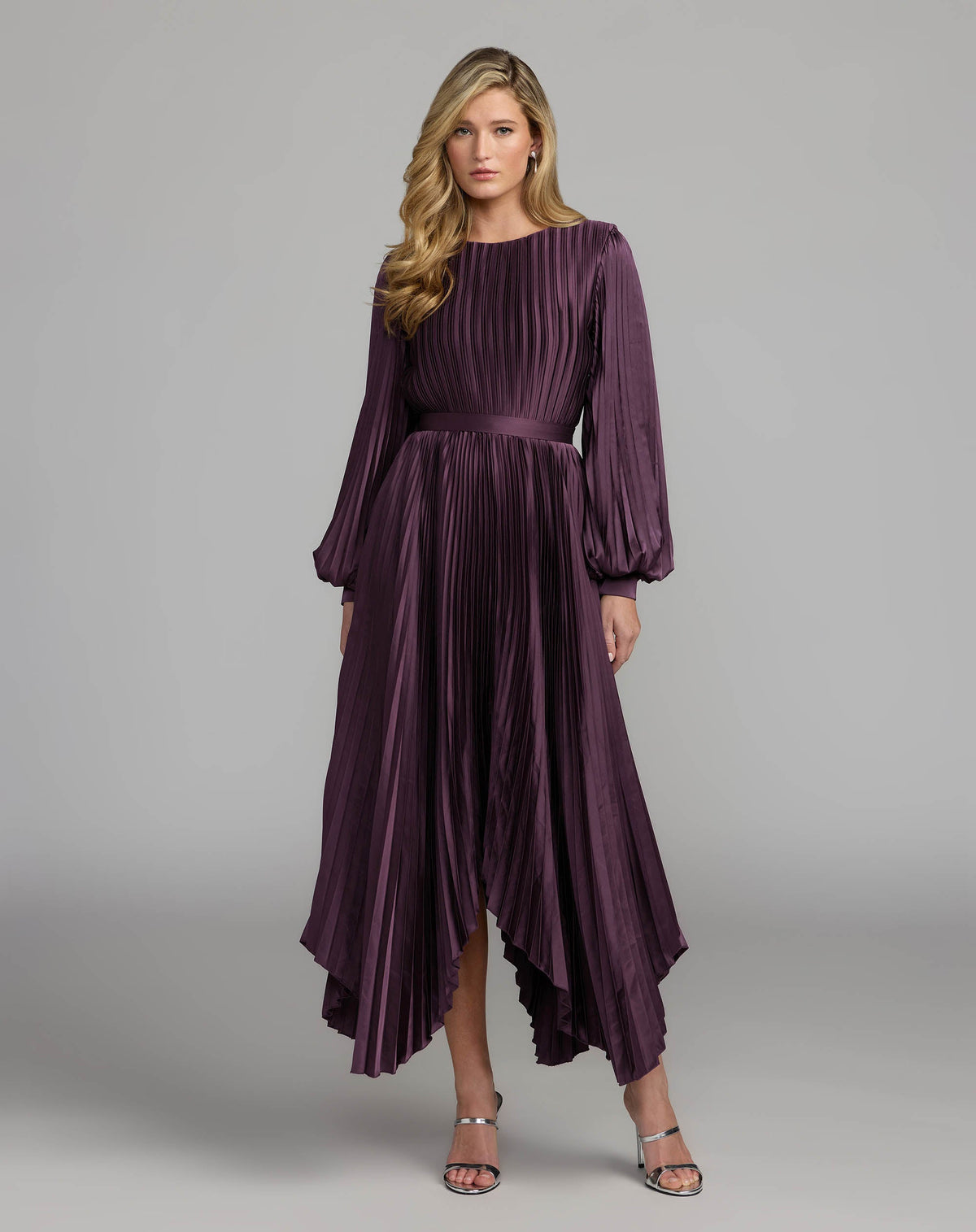 Purple Long Sleeve Pleated Charmeuse Handkerchief Dress - Contemporary Collection