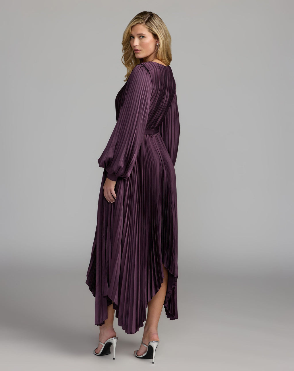 Purple Long Sleeve Pleated Charmeuse Handkerchief Dress - Contemporary Collection