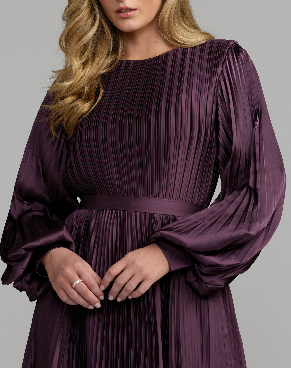 Purple Long Sleeve Pleated Charmeuse Handkerchief Dress - Contemporary Collection
