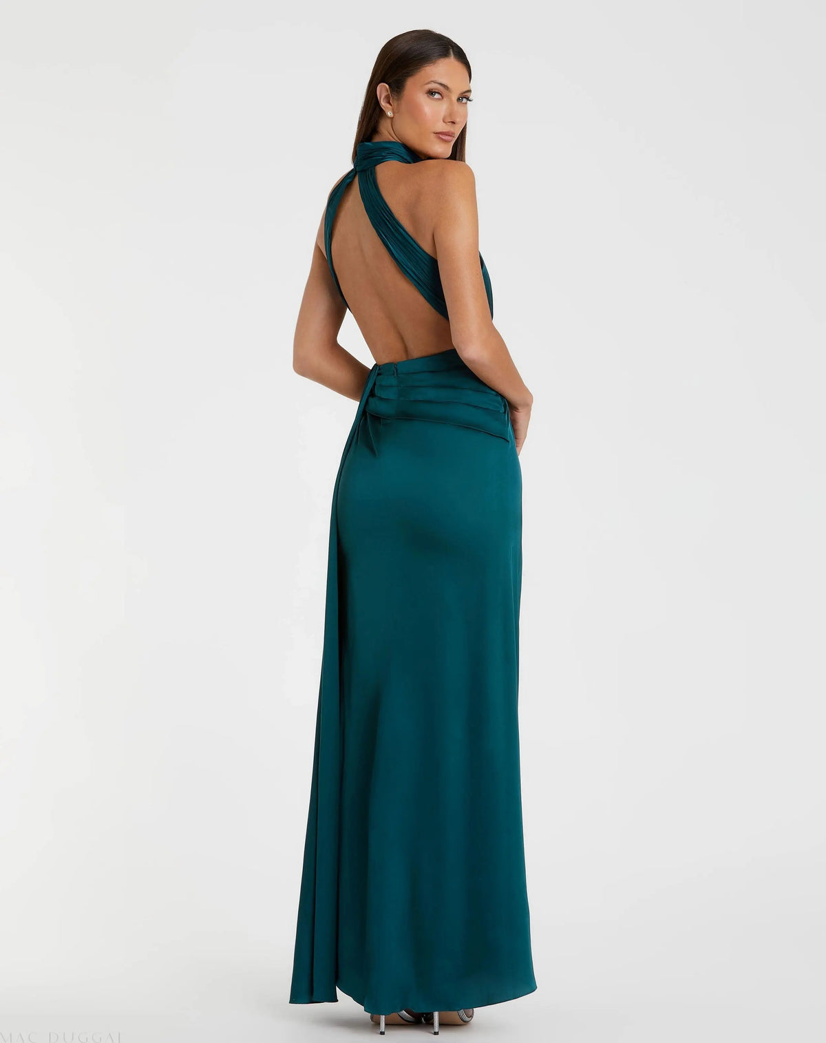 Blue Open Back High Neck Side Ruched Gown - Designer Collection