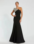 Black Crepe One Shoulder Gown With Crystal Flower - Designer Collection