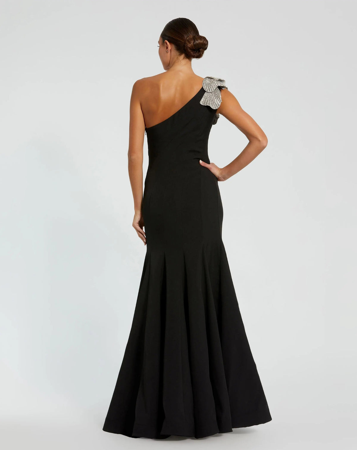 Black Crepe One Shoulder Gown With Crystal Flower - Designer Collection