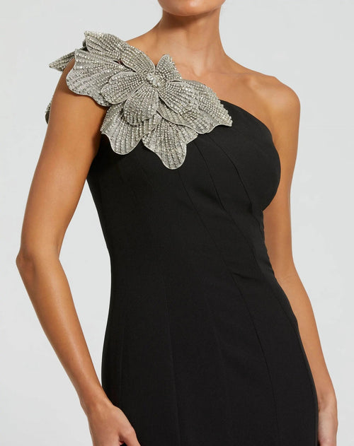 Black Crepe One Shoulder Gown With Crystal Flower - Designer Collection