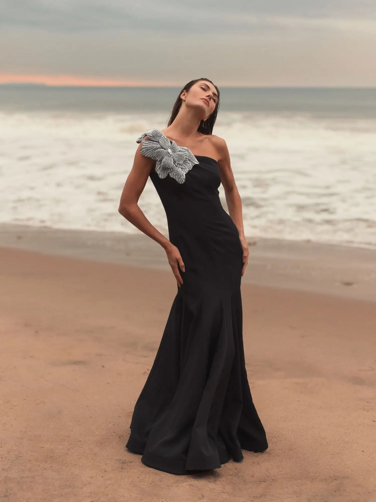 Black Crepe One Shoulder Gown With Crystal Flower - Designer Collection