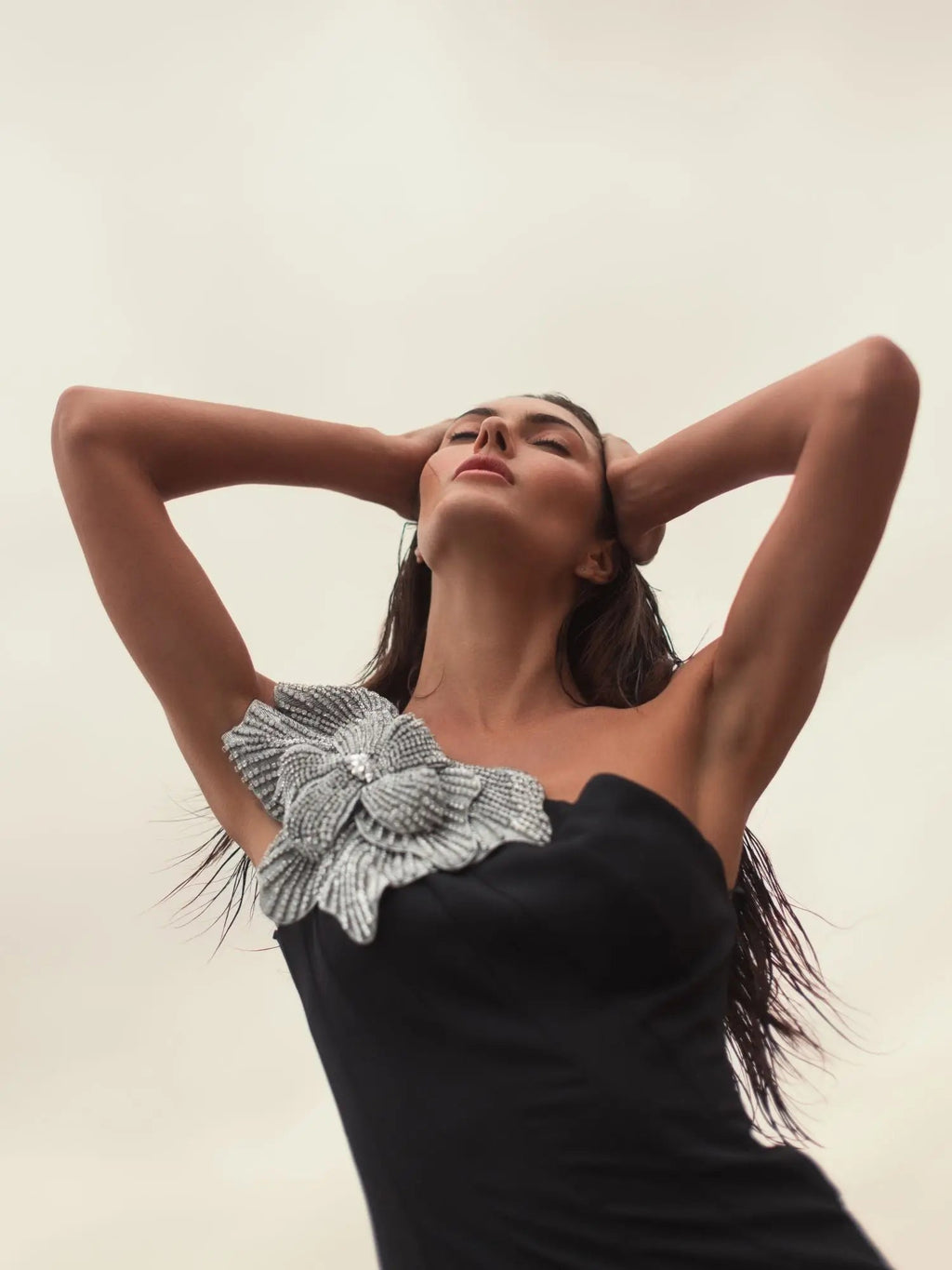 Black Crepe One Shoulder Gown With Crystal Flower - Designer Collection