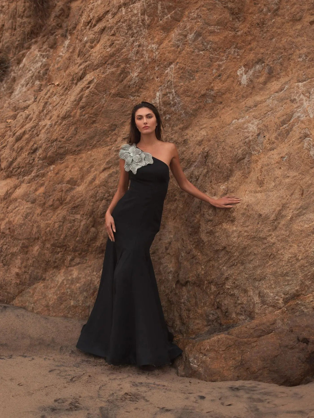 Black Crepe One Shoulder Gown With Crystal Flower - Designer Collection