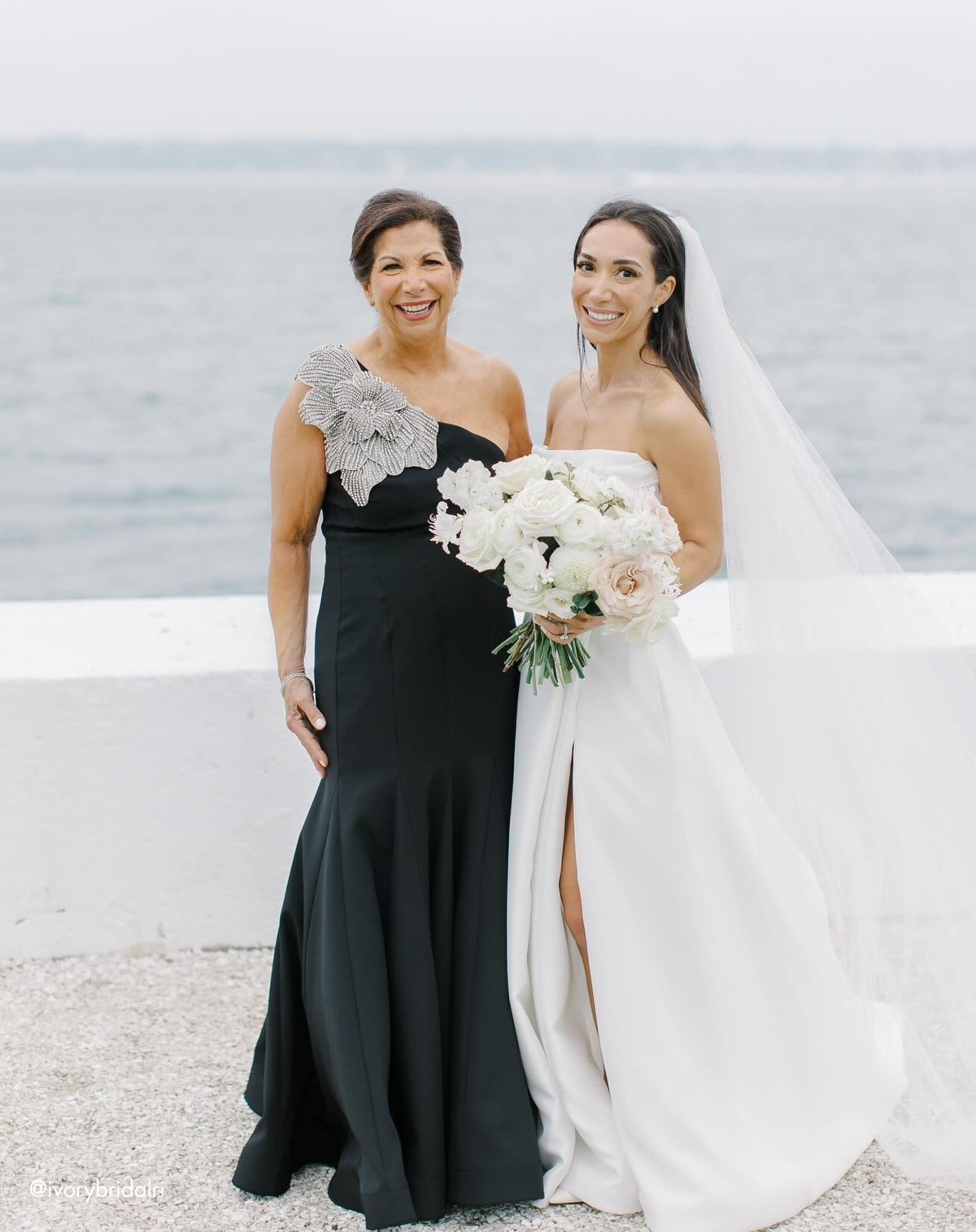 Black Crepe One Shoulder Mother of the Bride Gown With Crystal Flower - Designer Collection