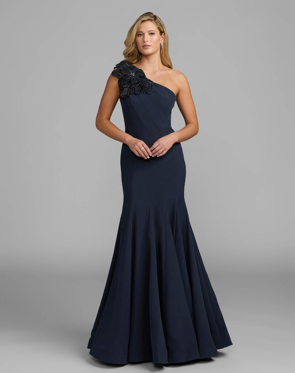 Navy Crepe One Shoulder Gown With Crystal Flower - Designer Collection