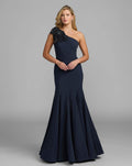Navy Crepe One Shoulder Gown With Crystal Flower - Designer Collection