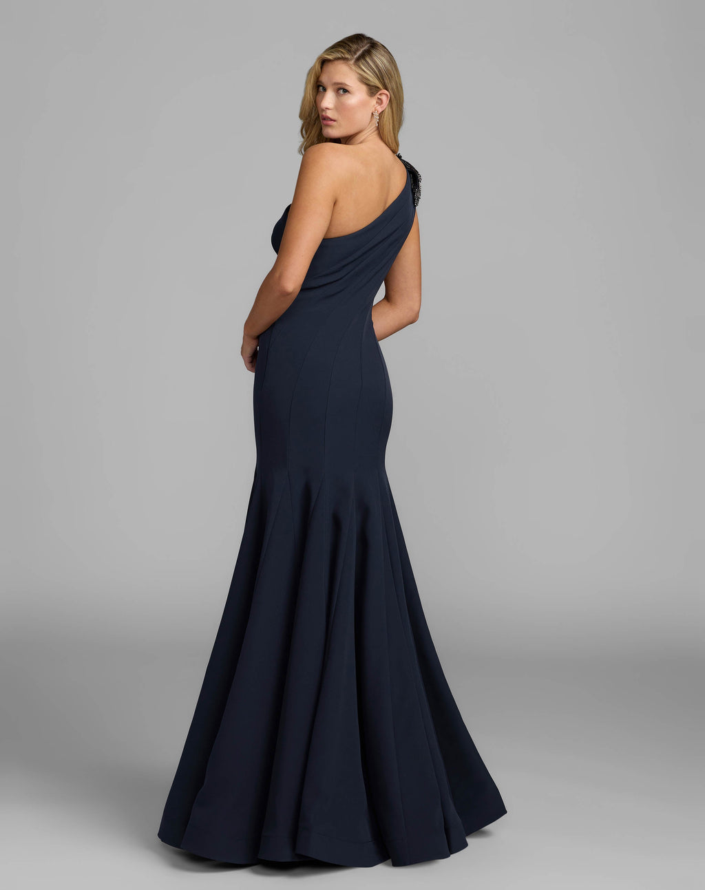 Navy Crepe One Shoulder Gown With Crystal Flower - Designer Collection