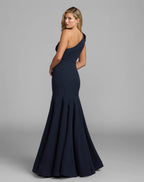 Navy Crepe One Shoulder Gown With Crystal Flower - Designer Collection