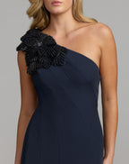 Navy Crepe One Shoulder Gown With Crystal Flower - Designer Collection