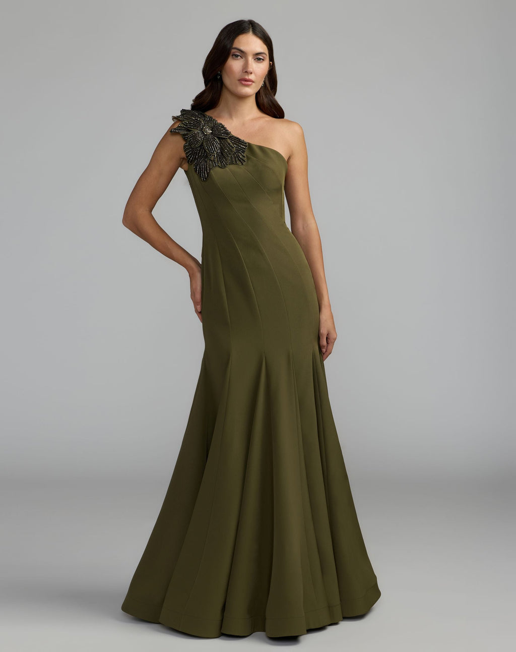 Green Crepe One Shoulder Gown With Crystal Flower - Designer Collection
