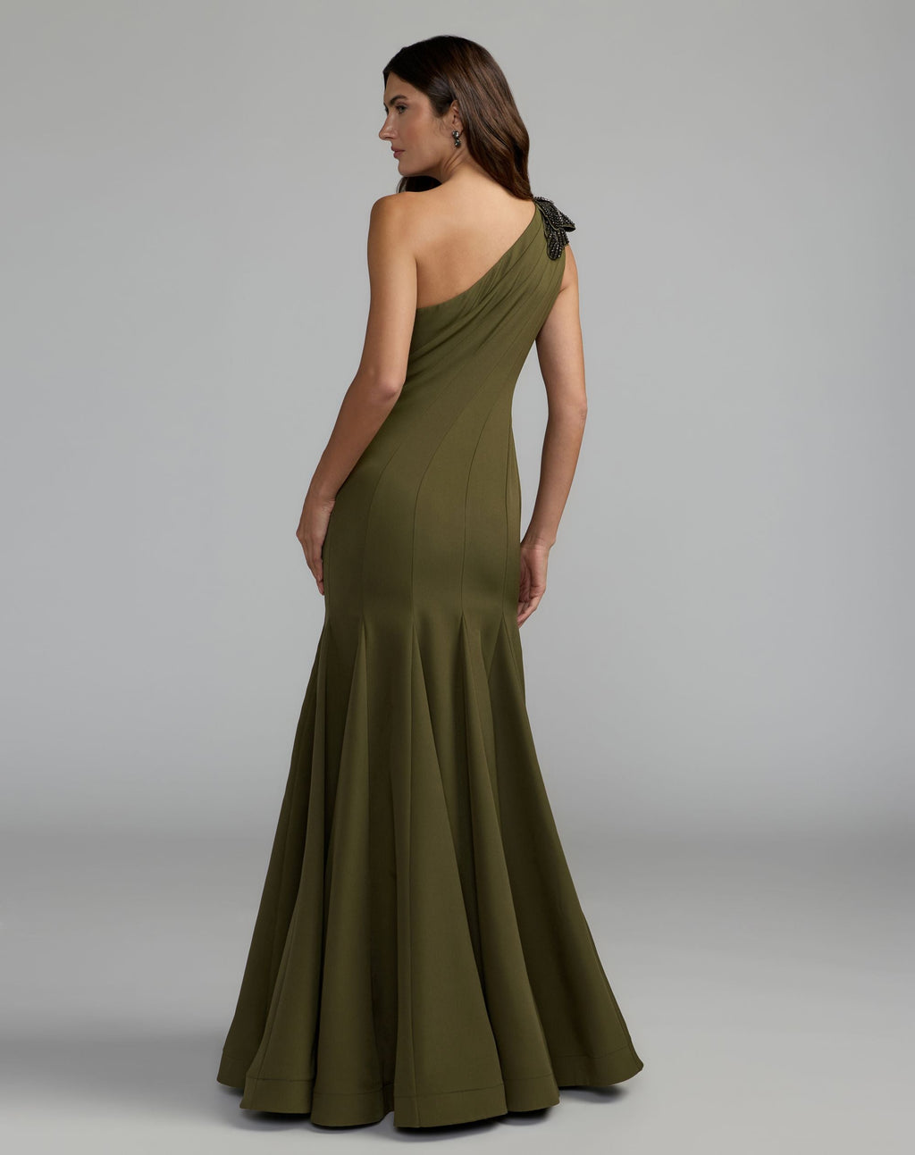 Green Crepe One Shoulder Gown With Crystal Flower - Designer Collection
