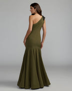 Green Crepe One Shoulder Gown With Crystal Flower - Designer Collection