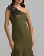 Green Crepe One Shoulder Gown With Crystal Flower - Designer Collection