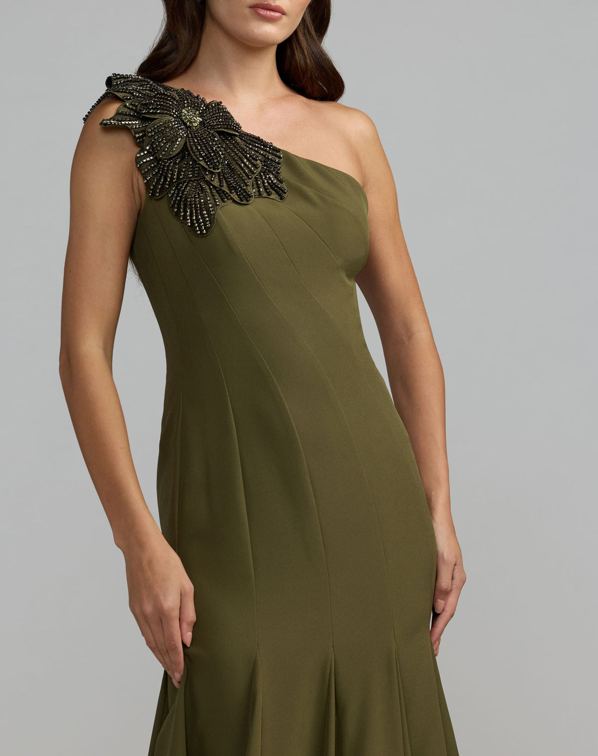 Green Crepe One Shoulder Gown With Crystal Flower - Designer Collection
