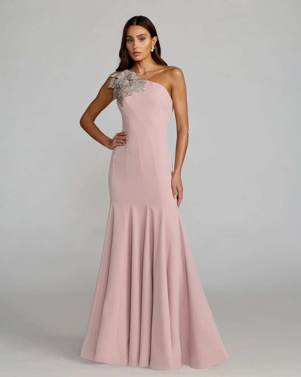 Pink Crepe One Shoulder Gown With Crystal Flower - Designer Collection